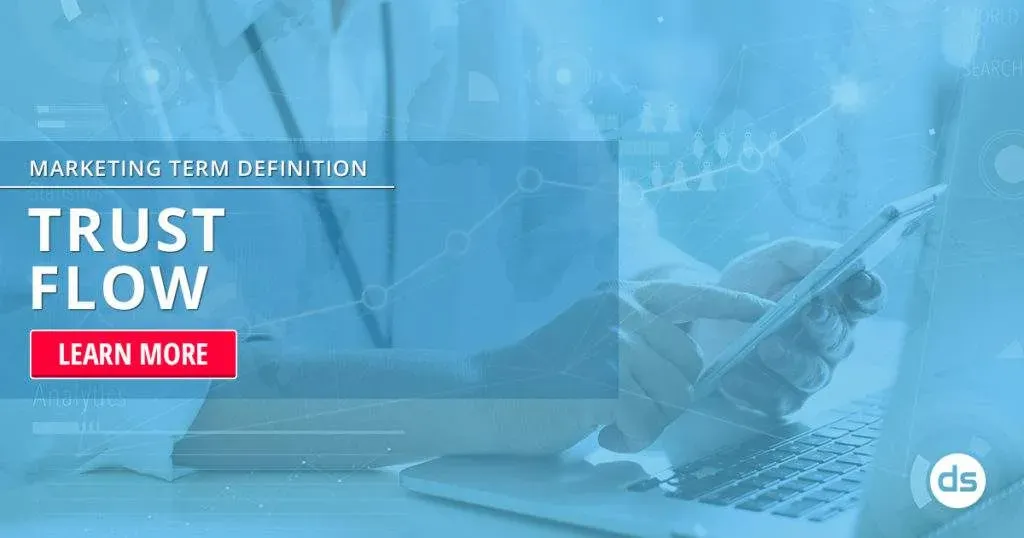 Person using a smartphone with a laptop in the background overlaid with digital marketing graphics and the text 