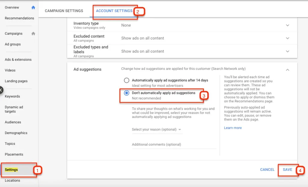 Interface of an online advertising platform showing campaign settings with a focus on the account settings, highlighting the option to not automatically apply suggestions in Google Ads.