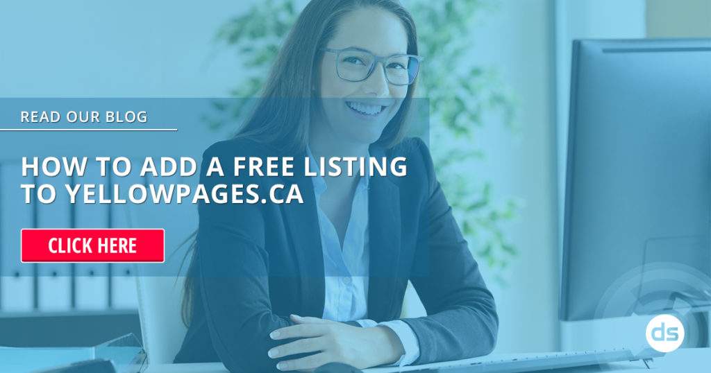 Businesswoman smiling at her desk with a promotional overlay about adding a free listing to Yellowpages.