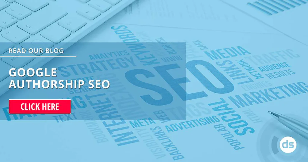 A digital marketing concept image featuring a call-to-action button directing viewers to read a blog about google authorship, surrounded by related keywords.