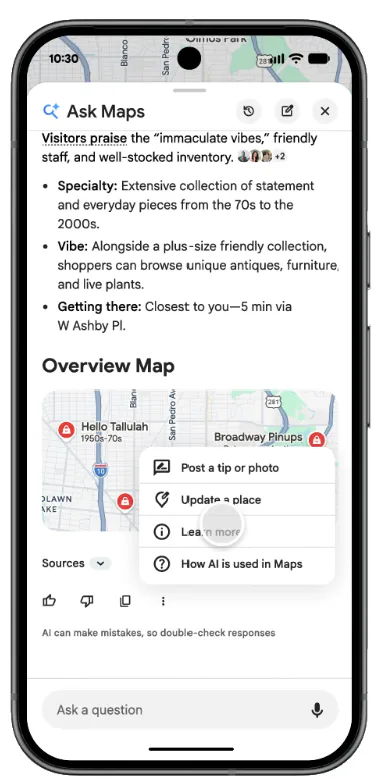 sk Maps answer in Google Maps showing an AI summary, an overview map, and a menu with Post a tip or photo and Update a place