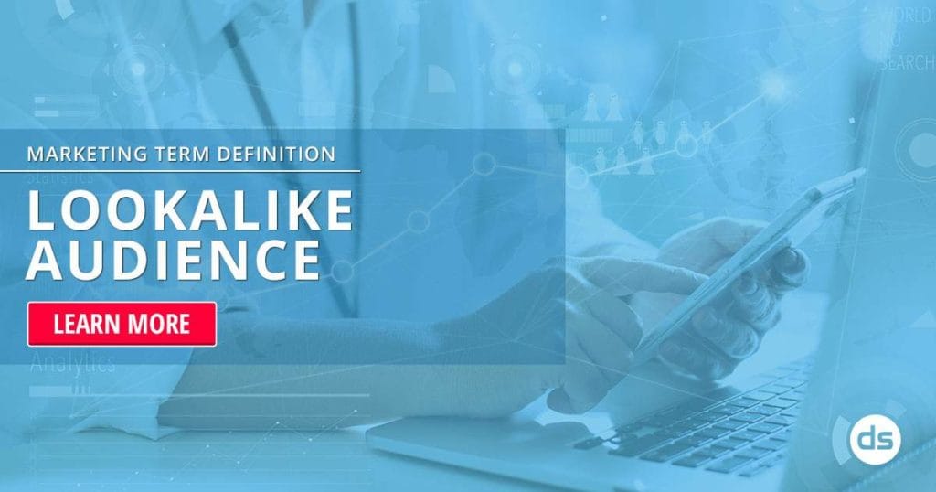 A graphical representation of digital marketing concepts featuring the term 'Lookalike Audience' with a call-to-action button reading 'learn more', alongside imagery of someone working on a laptop and digital marketing icons.