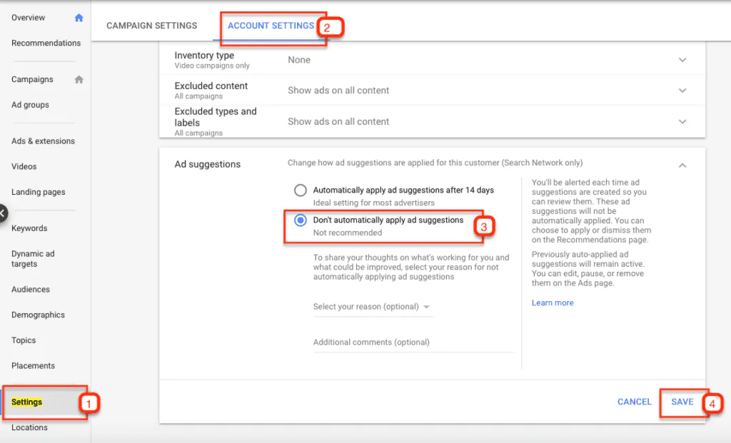 Interface of an online advertising platform showing campaign settings with a focus on the account settings, highlighting the option to not automatically apply suggestions in Google Ads.