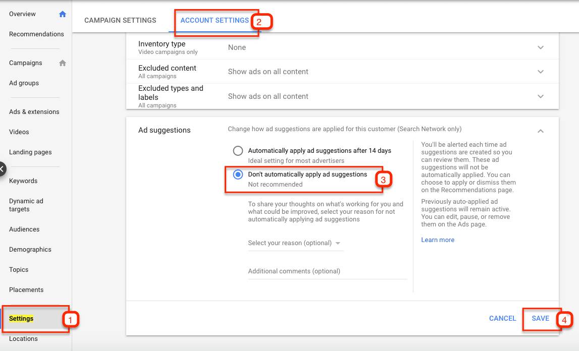 turn off auto suggestions in google ads